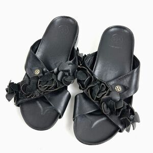 TORY BURCH Leather Slide Sandal Flower Blossom Floral Criss Cross Black Sz 7.5 M